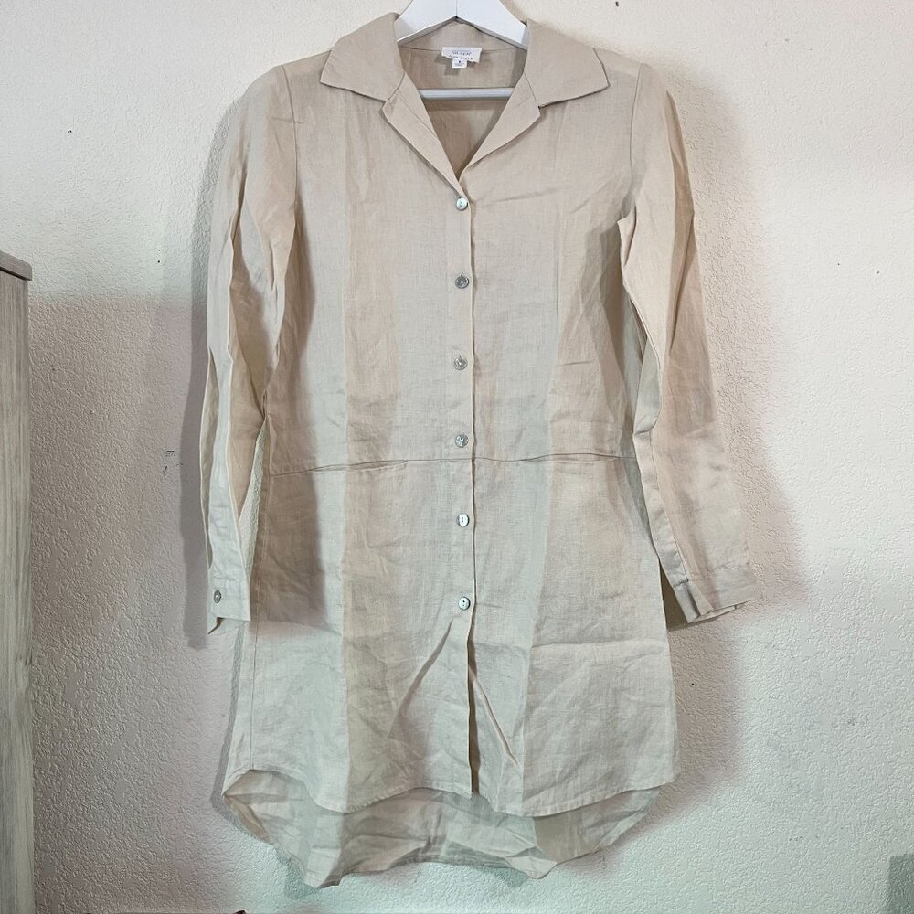 Sigrid Olsen Womens Beige Linen Button-Down Tunic Shirt Dress Small Long Sleeve